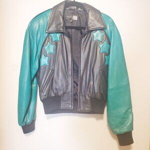 Vtg Michael Hoban for North Beach Black Green Leather Bomber Jacket Sz 7/8 HOBO